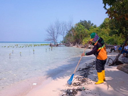 Petugas Bersihkan Tumpahan Minyak di Pesisir Pantai Pulau Pari