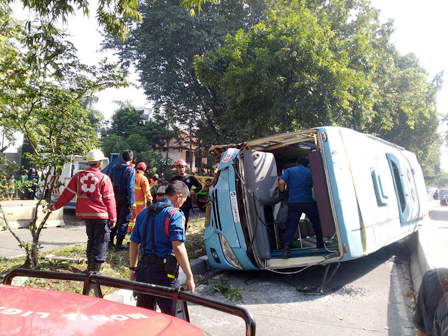 Sopir Mengantuk, Feeder Transjakarta Terguling di Jl Warung Buncir Raya