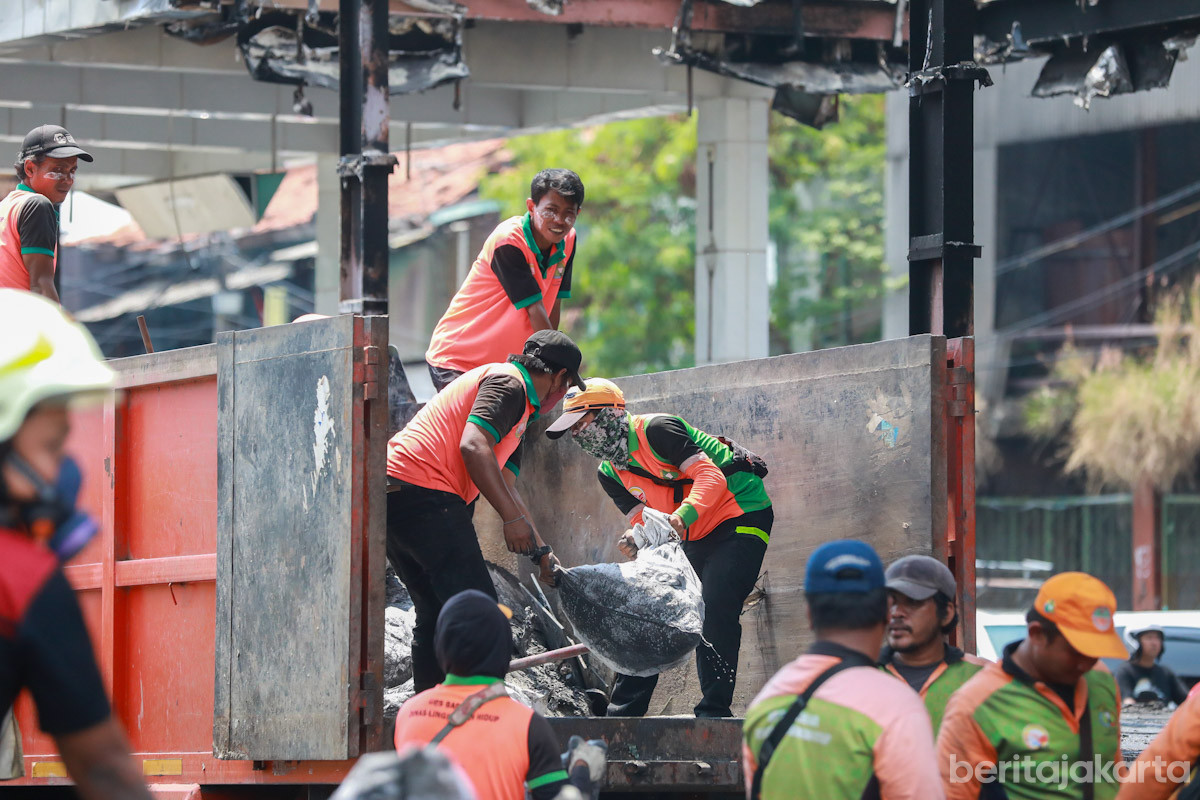 Petugas Dinas LH membersihkan sampah 