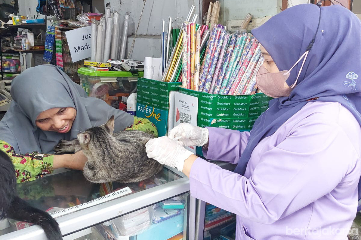 Petugas melakukan layanan jemput bola vaksinasi rabies gratis di wilayah Mampang Prapatan