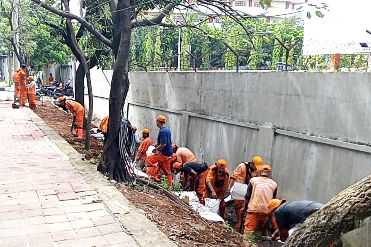 Sejumlah Petugas PPSU melakukan penataan kawasan di Jalan Lodan Raya