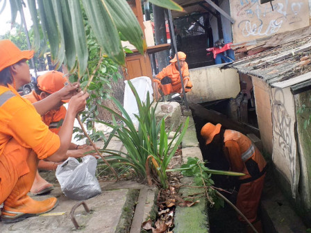 Satu Tim PPSU Bersihkan Saluran Jalan Tengku Nya Arif 