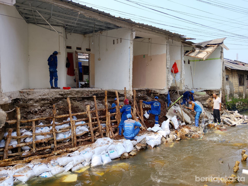 Sejumlah petugas melakukan perbaikan turap longsor dengan kayu dolken