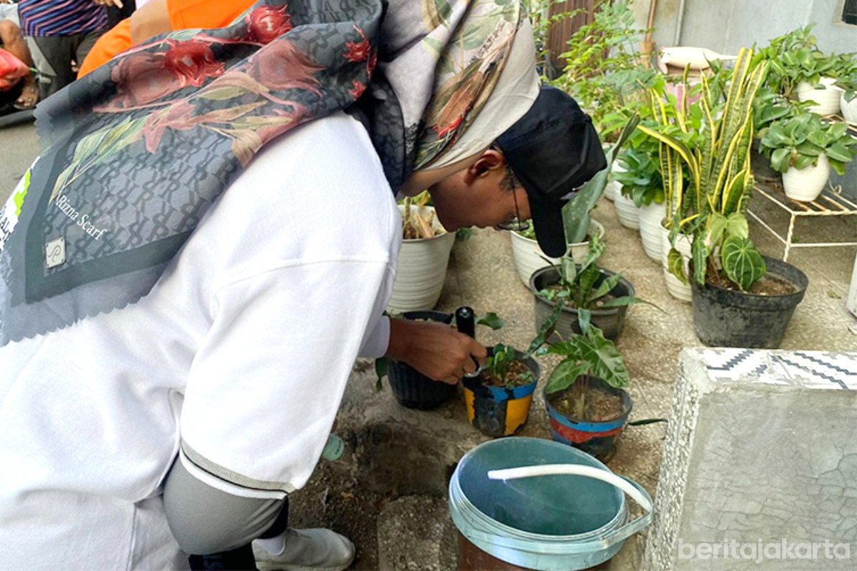 Jumantik dan Sudinkes Jakpus melakukan PSN 3M Plus di rumah warga