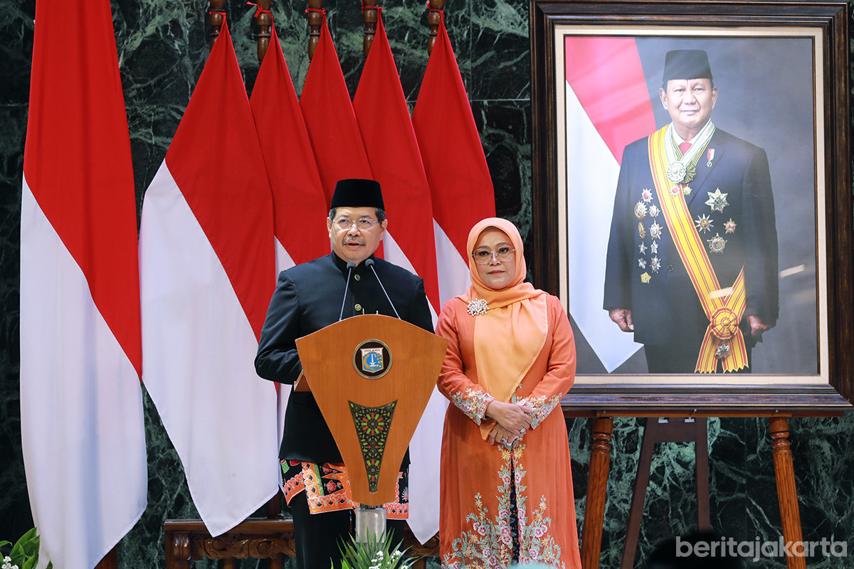 Marullah memberikan sambutan saat pisah sambut Sekda DKI Jakarta di Balai Kota