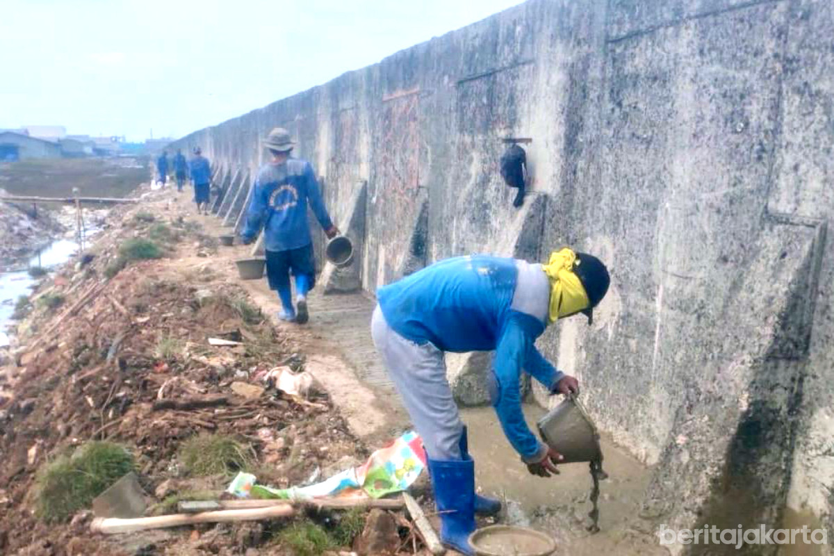 Petugas melakukan pengecoran rembesan tanggul di Pelindo Muara Baru