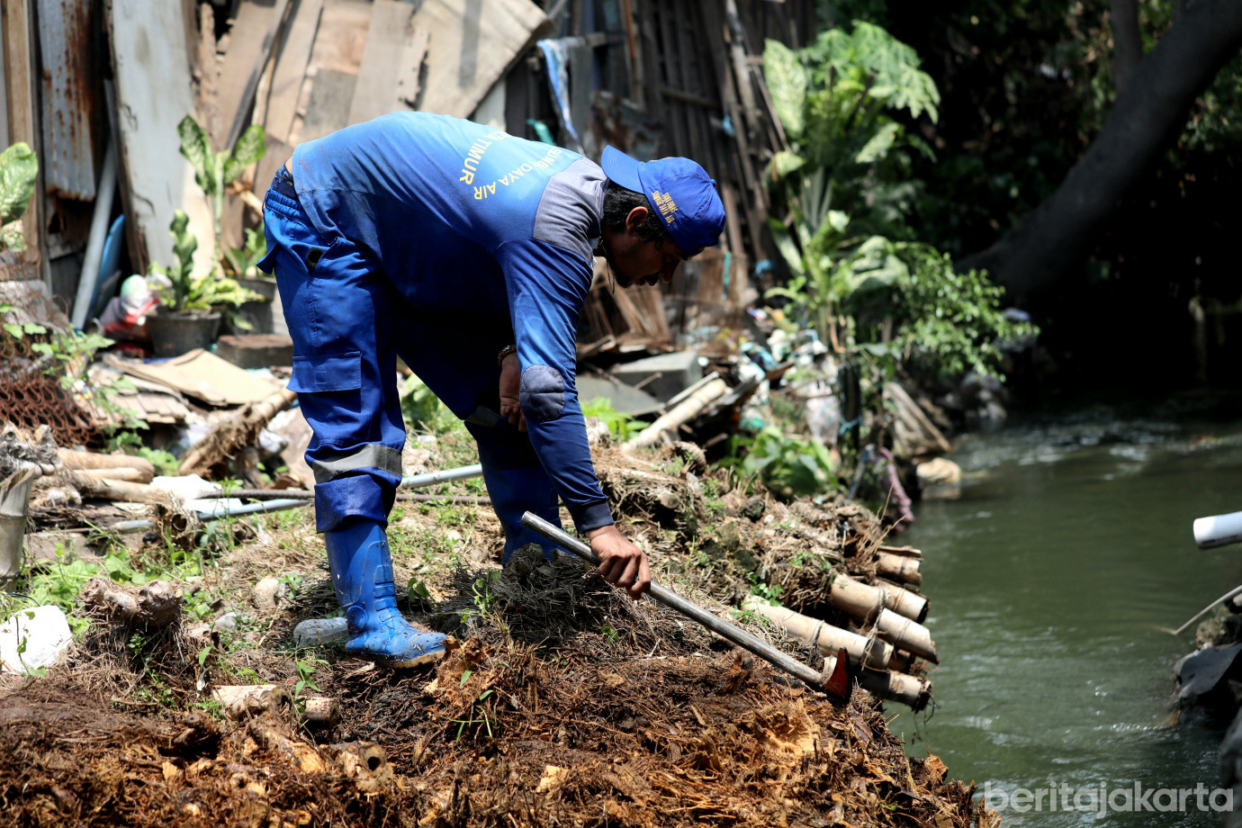 4 Petugas SDA Bongkar Akar Bambu yang Halangi Aliran Kali Phb Amelia_4.jpg